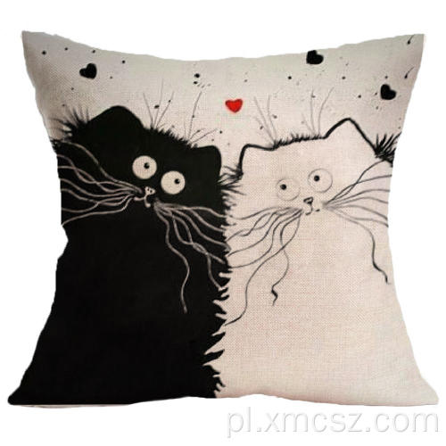 Czarno-biała lniana poszewka na poduszkę dla kota